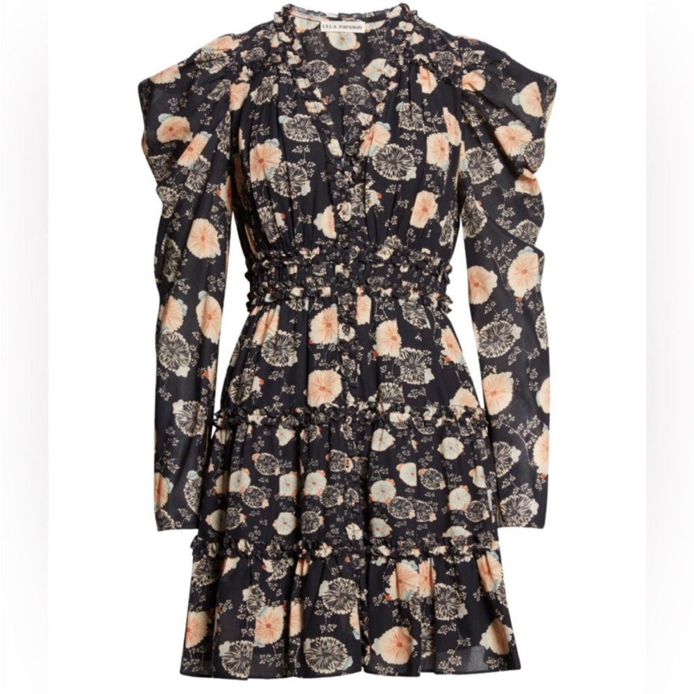 NWOT Ulla Johnson Winsor Floral V-Neck Puff Sleeve Tiered Mini Dress size 4 - Picture 3 of 7